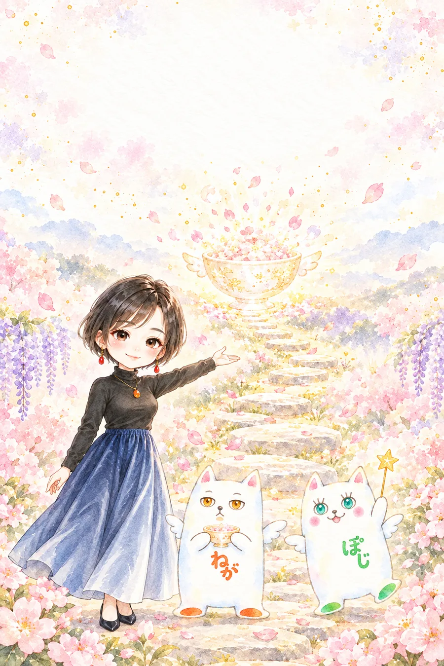 詩乃と、ねが猫・ぽじ猫が、光る器へ続く道を歩き出す絵